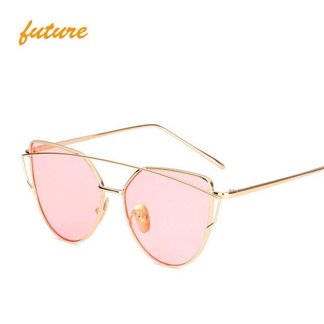 Cat Eye Vintage Brand Designer Rose Gold Mirror Sunglasses For Women Metal Reflective flat lens Sun Glasses Female oculos