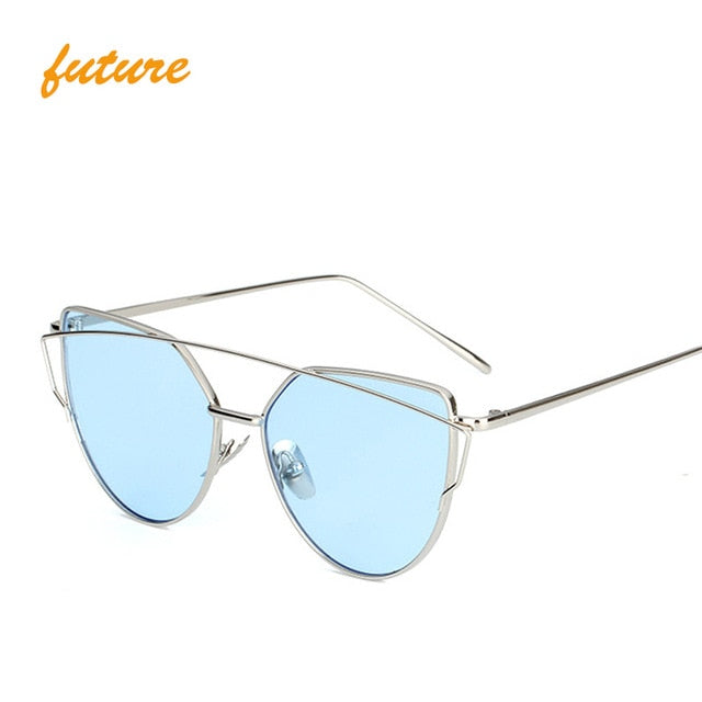 Cat Eye Vintage Brand Designer Rose Gold Mirror Sunglasses For Women Metal Reflective flat lens Sun Glasses Female oculos